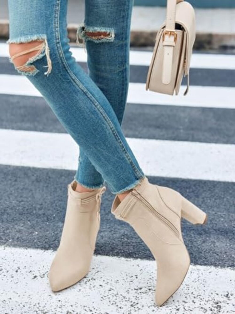 Coutgo Womens Pointed Toe Ankle Boots Chunky Block Heel Tie Knot Side Zipper